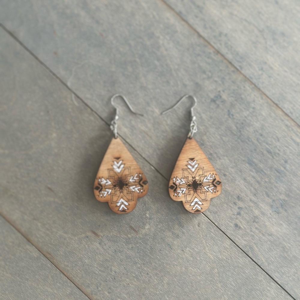 Country western white cutout wood earrings